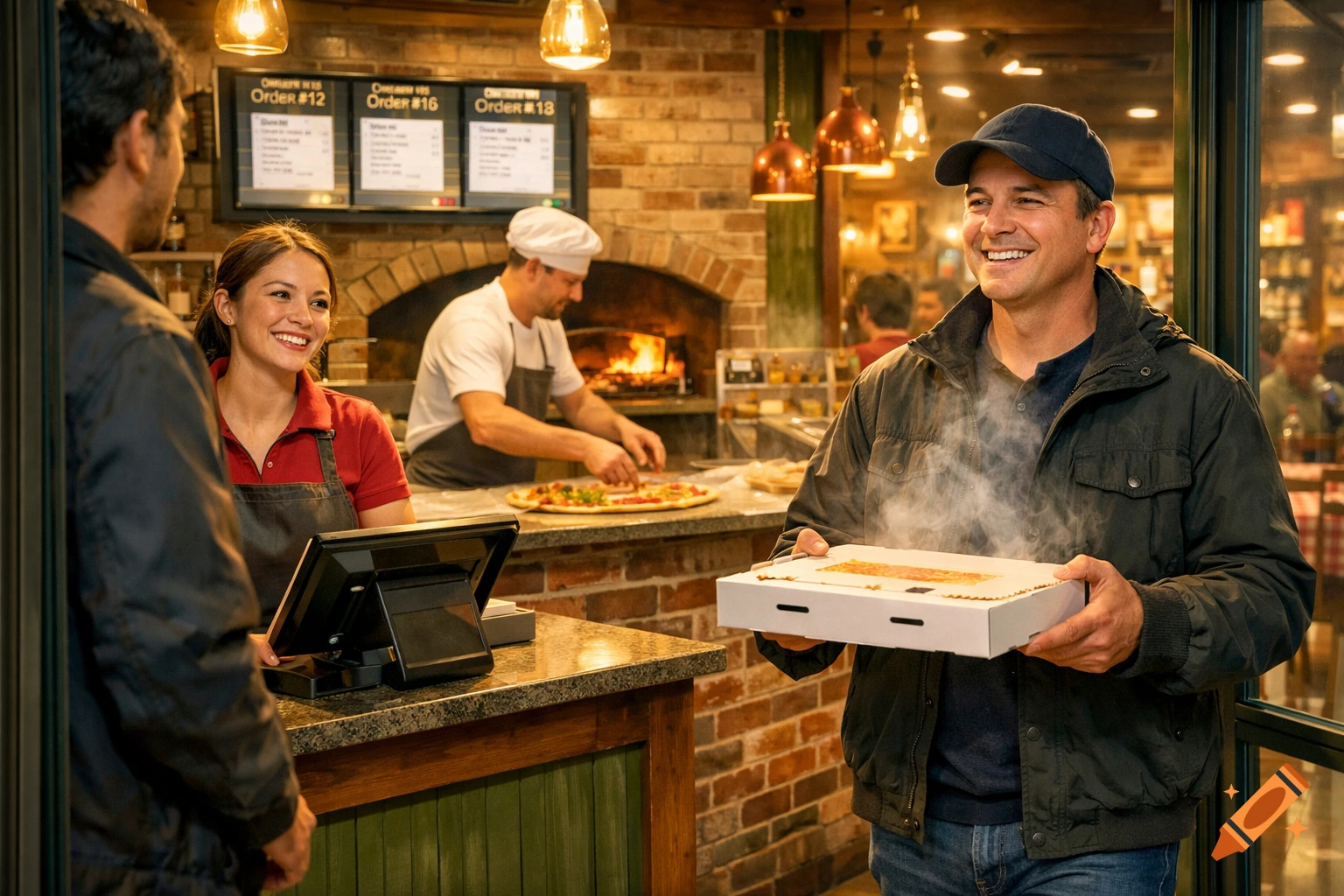A smiling customer receives a steaming hot pizza box from a cheerful cashier in a bustling, modern pizzeria with a pizzaiolo working by a brick oven.