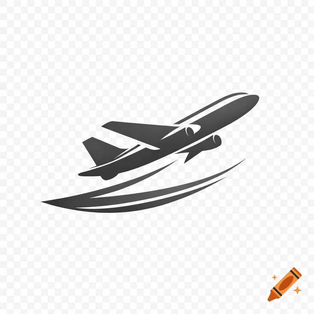 Modern dark grey logo of an airplane taking off with motion lines, on a transparent background.