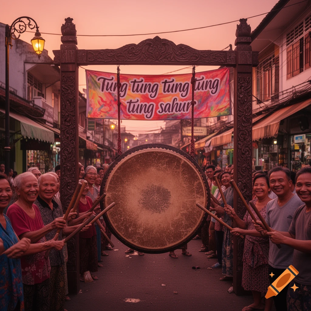 Smiling people around a large drum in a vibrant street parade at sunset, with a banner above reading "Tung tung tung tung tung tung sahur".