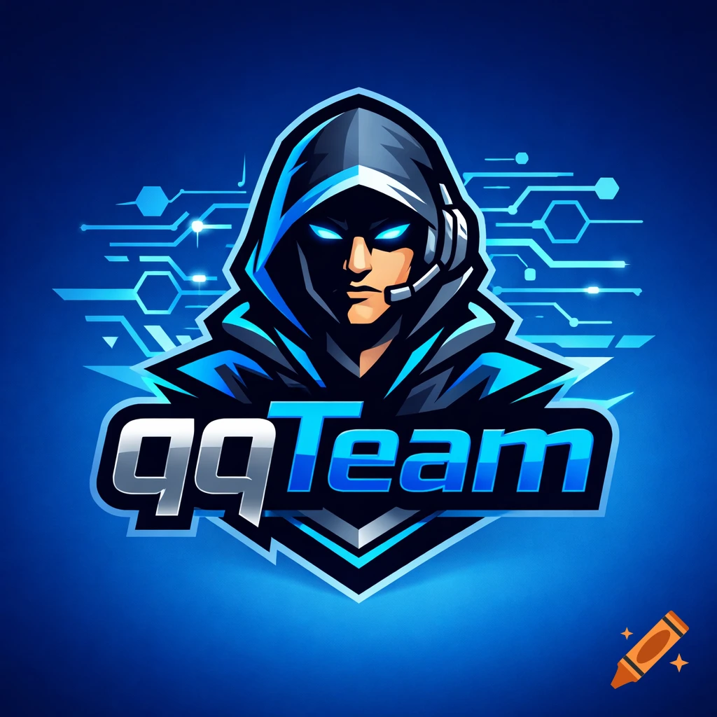 A stylized esports logo features a hooded figure with glowing blue eyes and a headset, above the text "qqTeam" on a blue circuit board background.