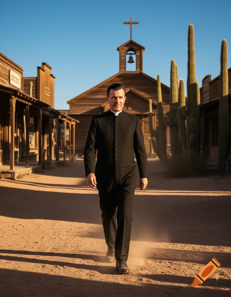 A photorealistic image of a priest walking on a dusty street in a Wild West town with a wooden church and cactuses.