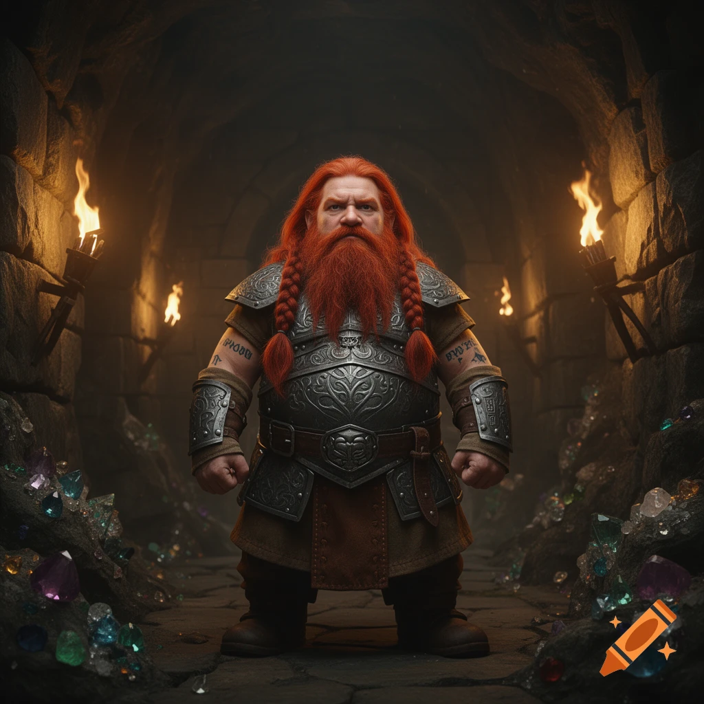 A red-haired dwarf in ornate armor stands in a torchlit stone cave, surrounded by gleaming gems. Photorealistic fantasy art.