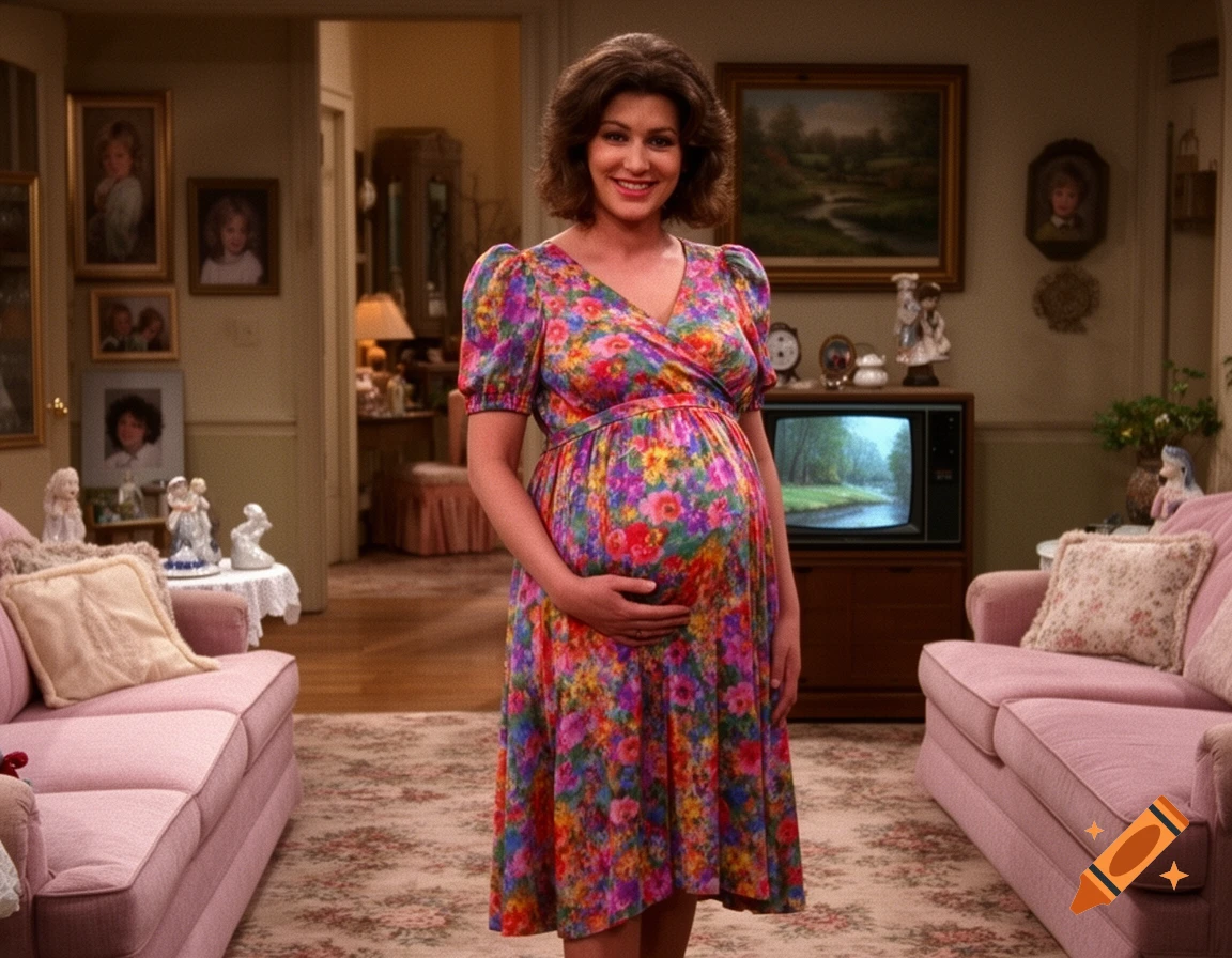 A pregnant woman in a vibrant floral dress stands smiling in a cozy, 1980s-style living room, holding her belly.