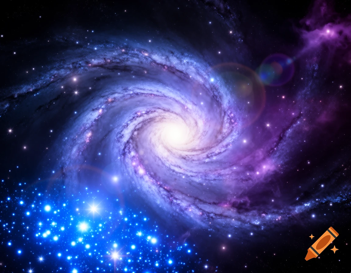 A colorful spiral galaxy with bright stars and nebulae in blue and purple hues against a dark cosmic background.