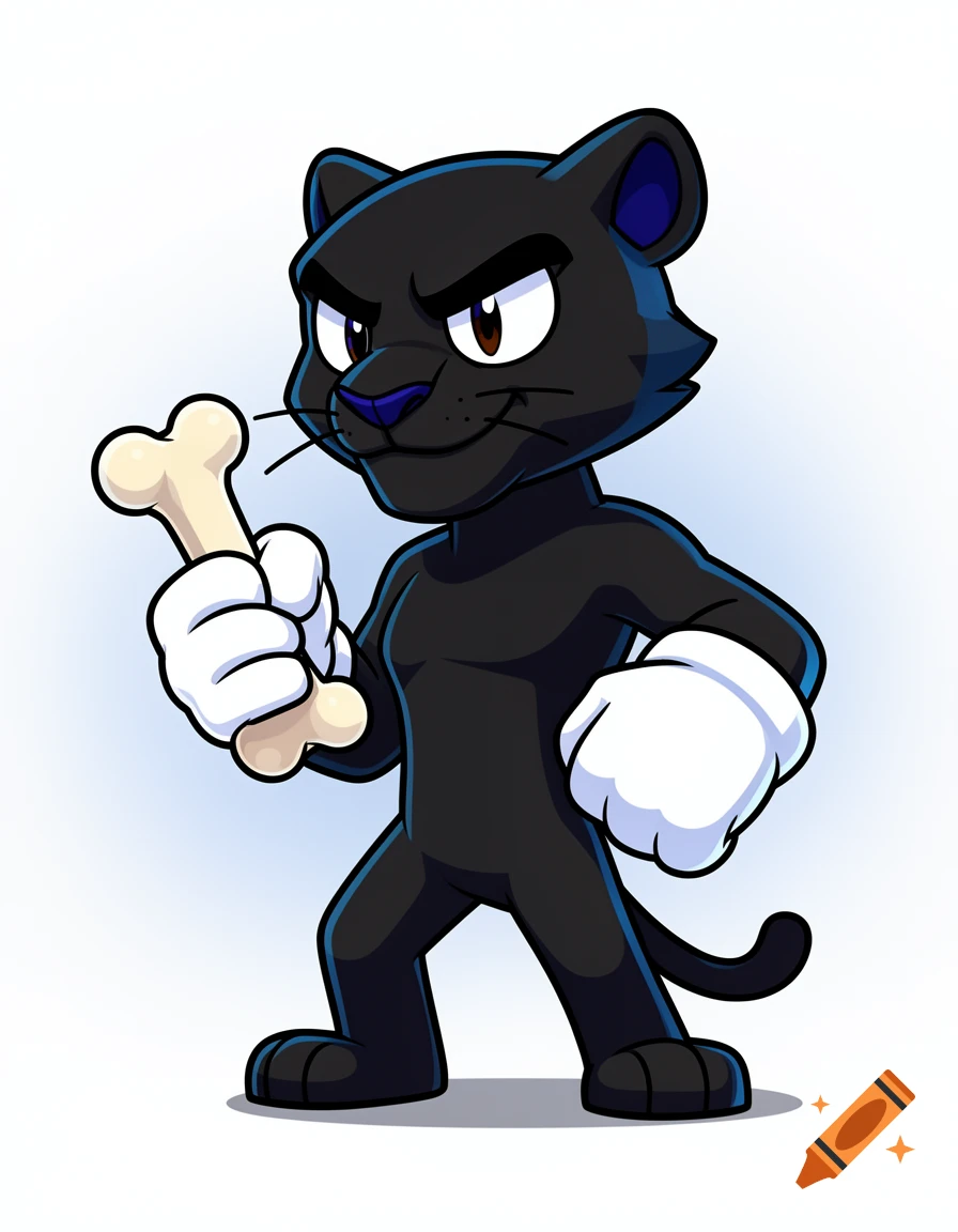 A confident black panther cartoon character with white gloves stands holding a bone.