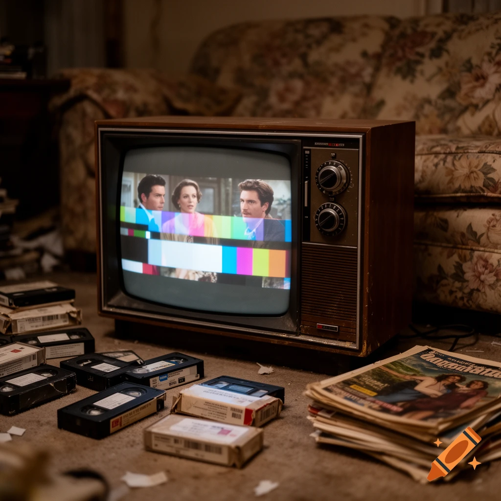 An old CRT television displays a program with color bars, surrounded by VHS tapes and a vintage magazine on a carpeted floor.