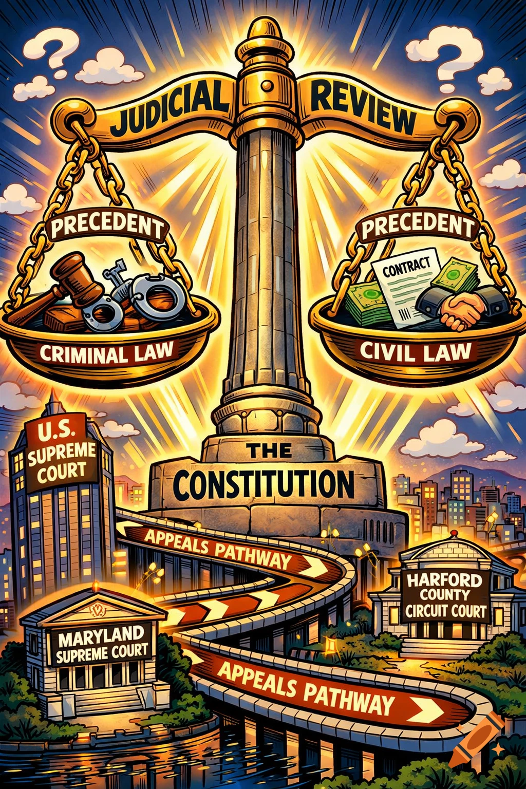 A dramatic political cartoon depicting giant glowing Scales of Justice with 'Judicial Review' and 'The Constitution', balancing 'Criminal Law' and 'Civil Law' over a city with courthouses and 'Appeals Pathway' roads.
