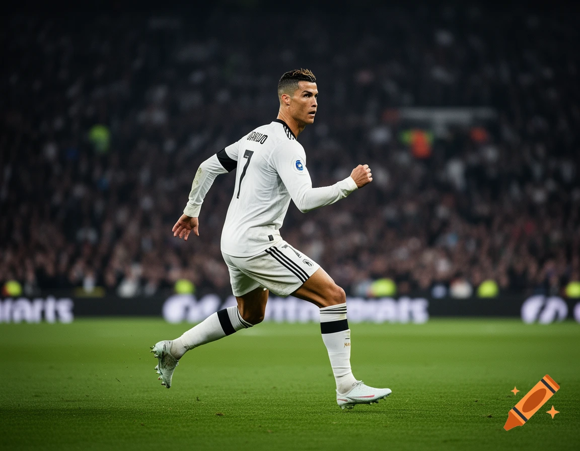 Photorealistic image of soccer player Cristiano Ronaldo in a white jersey with number 7, running on a green field in a stadium.