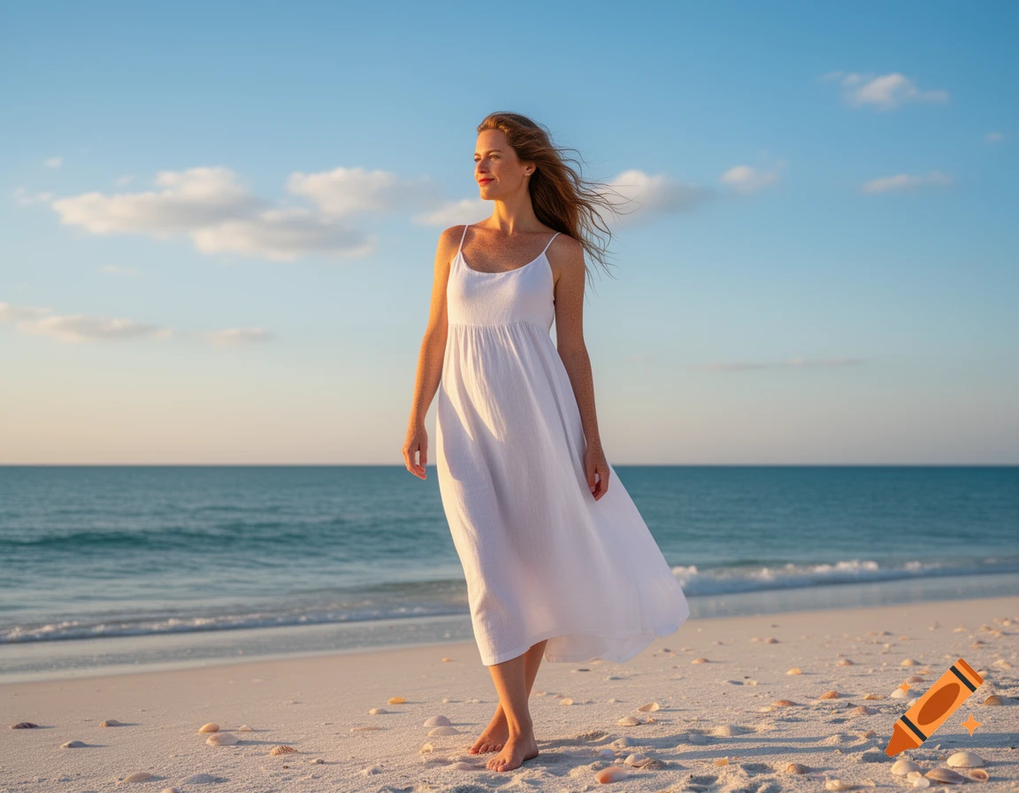 A woman in a white dress stands barefoot on a sandy beach looking out ...