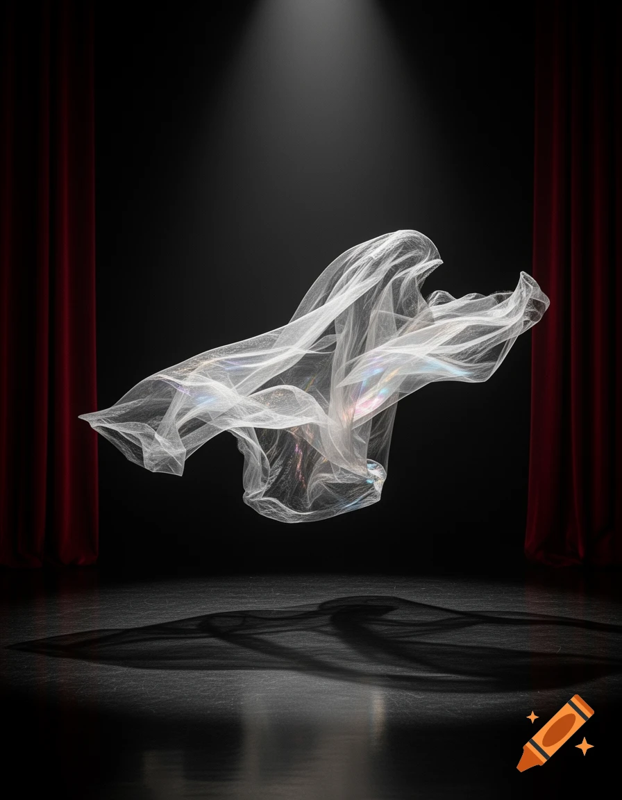 A translucent white fabric floats under a spotlight on a dark stage with red curtains.