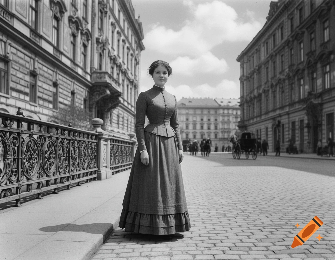 A young woman in a long, dark historical dress stands on a cobblestone street in a black and white vintage photograph.