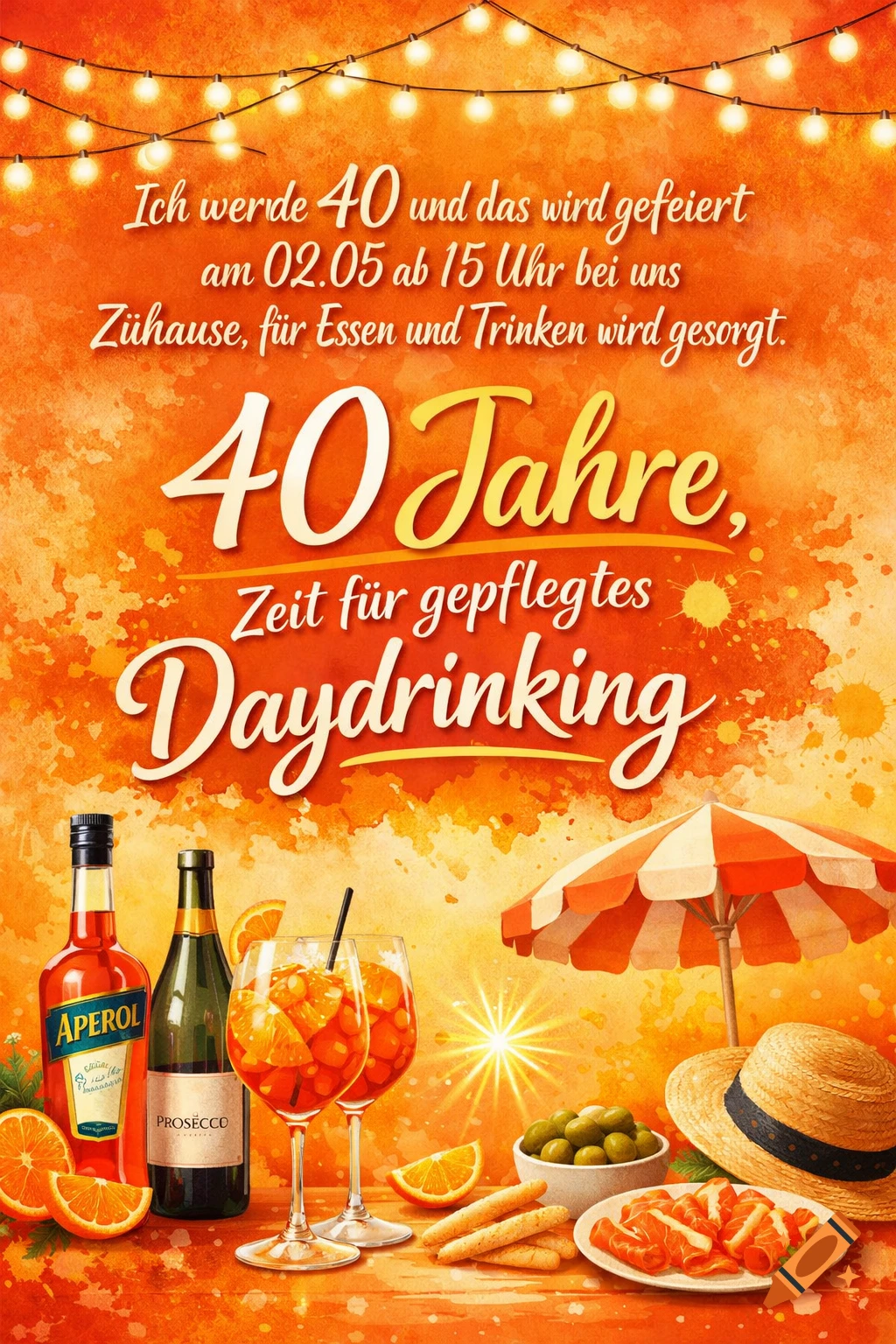 A festive 40th birthday invitation in an Aperol Spritz theme, featuring string lights, bottles of Aperol and Prosecco, glasses of orange cocktails, oranges, olives, cured meats, breadsticks, a straw hat, and a small beach umbrella on a warm orange background.