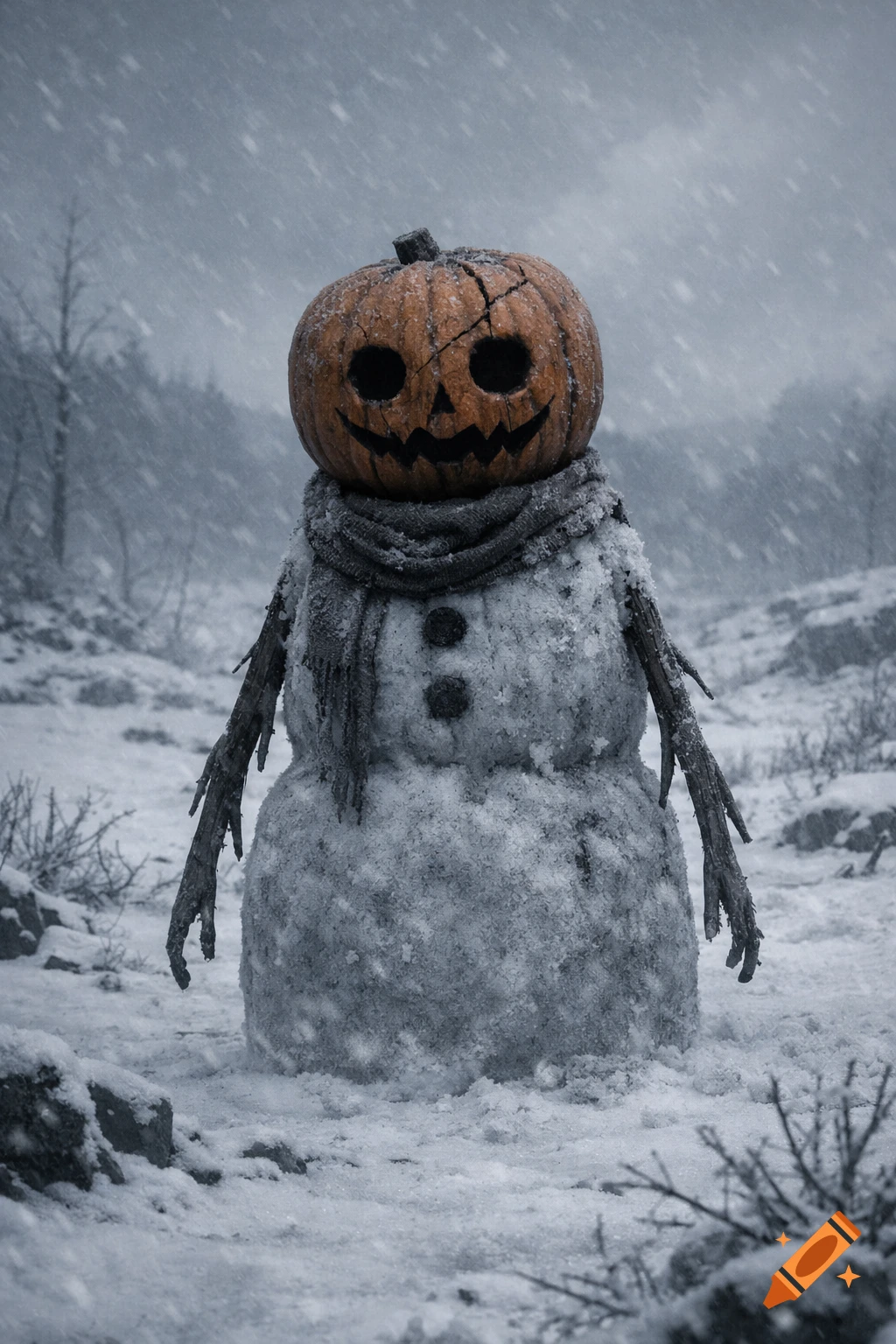 A creepy snowman with a cracked jack-o'-lantern head, wearing a dark scarf, stands in a desolate, snowy landscape during a snowfall. Its arms are gnarled branches, and its body is made of textured, slightly grayish snow. The background shows bare trees and a cloudy sky.