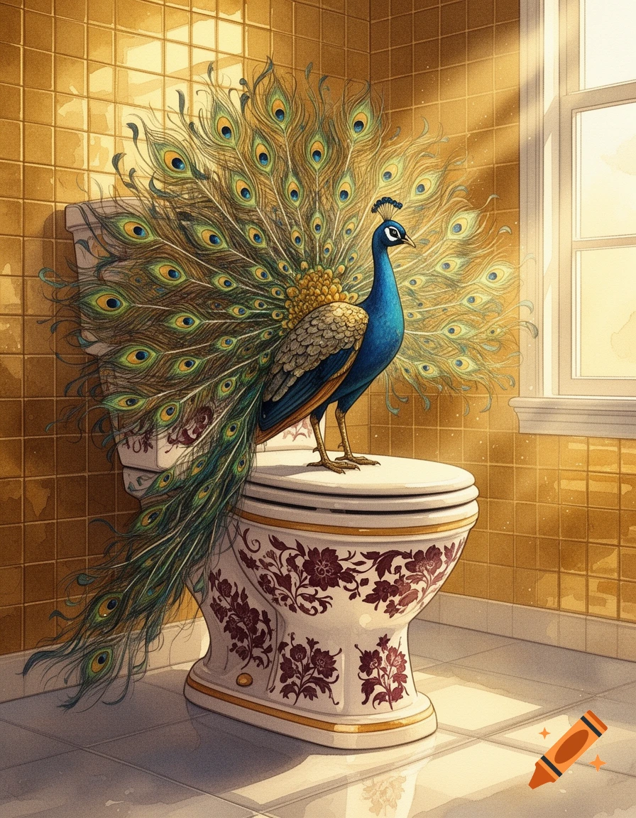 A colorful peacock with its tail fanned out stands on a decorative toilet in a golden-tiled bathroom with a window.