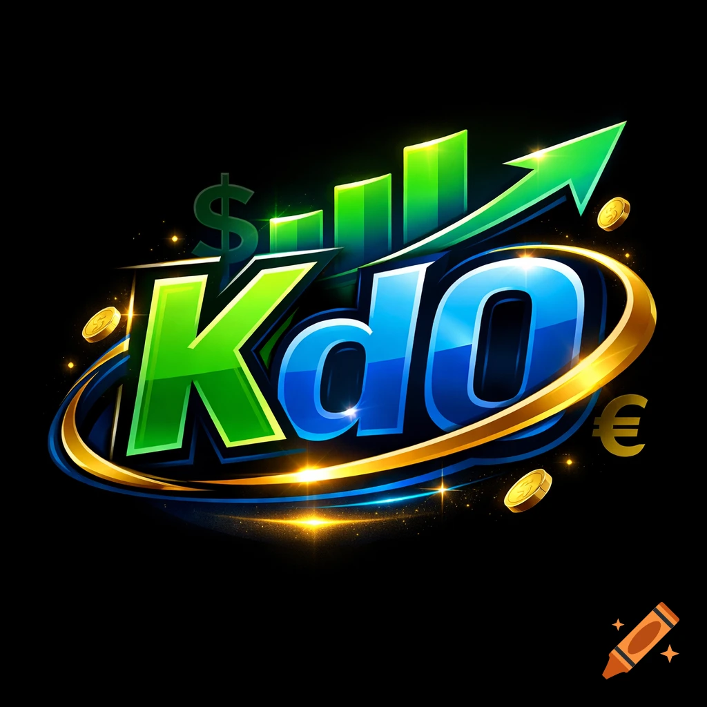 Glossy 'Kd0' logo with green and blue text, a golden ring, dollar and euro signs, coins, and a green rising bar chart with an upward arrow.