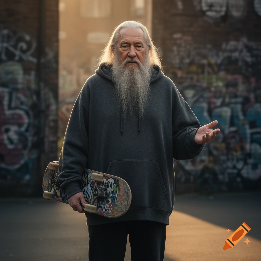 A photorealistic portrait of an old man with a long white beard and hair, wearing a dark hoodie, holding a skateboard in an urban setting.