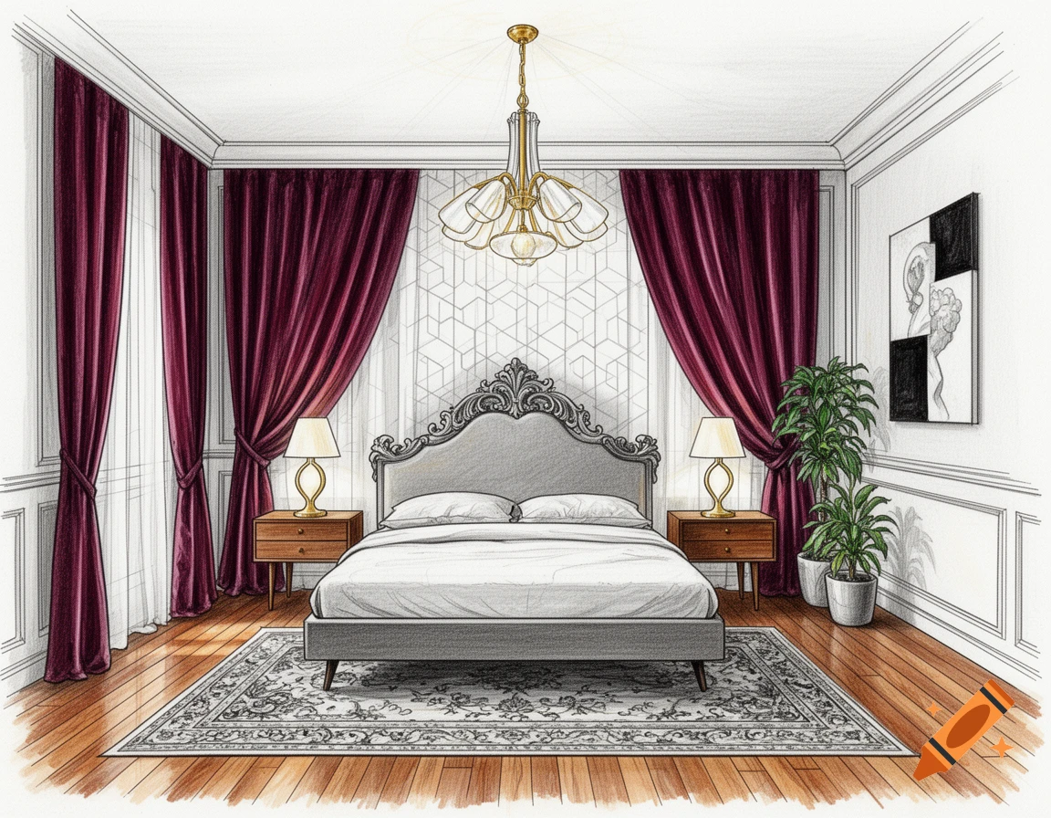 Interior design sketch of a bedroom with a large bed, burgundy curtains, patterned rug, plants, and a chandelier.