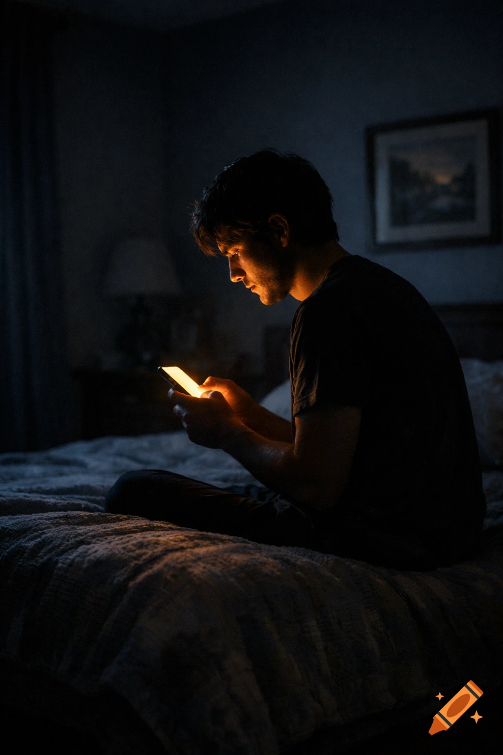 A man sits on a bed in a dimly lit bedroom, his face illuminated by the warm glow of his smartphone screen, cinematic photography.
