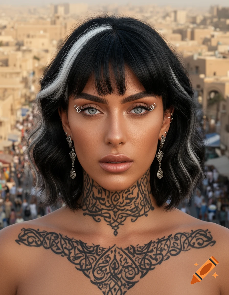 Photorealistic portrait of a woman with tanned skin, intricate black tattoos on her throat and chest, black hair with a white streak, grey eyes, and silver piercings, against a city background.