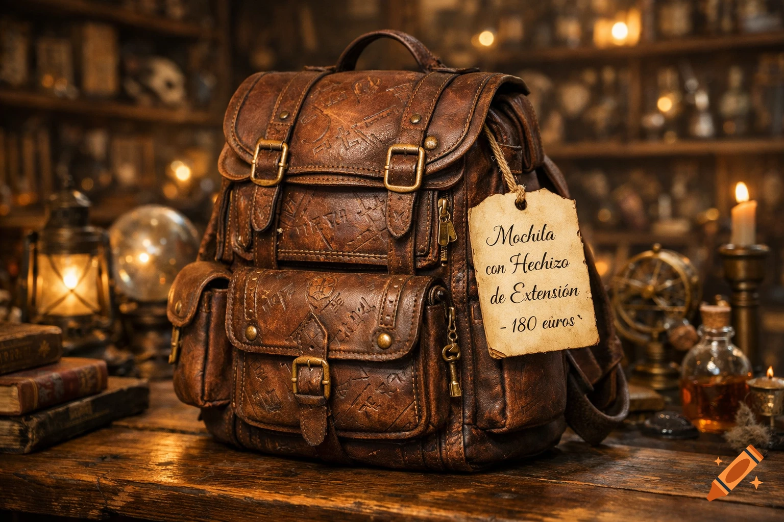 A detailed, brown leather backpack with a tag reading "Mochila con Hechizo de Extension - 180 euros" in a dimly lit, magical shop.