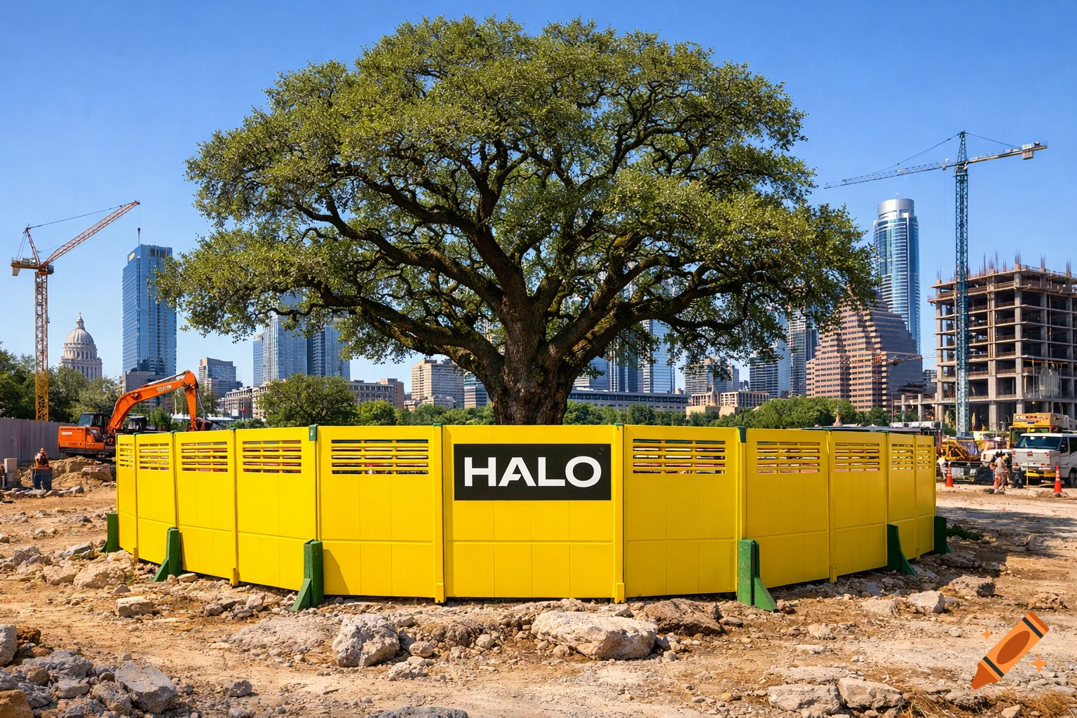 Photorealistic construction site with a large live oak tree surrounded by a yellow fence with a HALO logo, Austin cityscape.