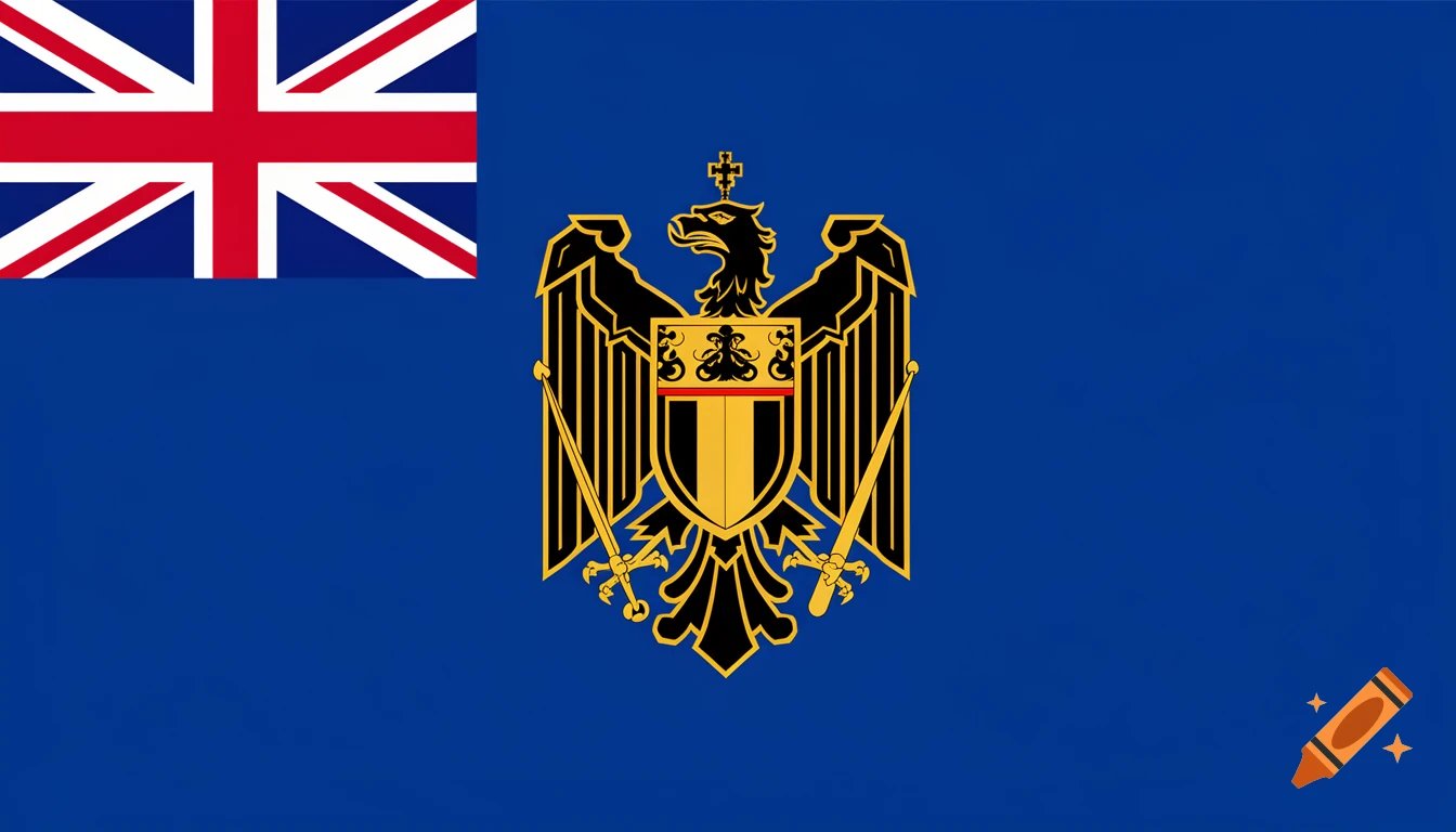 A blue flag featuring the Union Jack in the upper left canton and a black eagle coat of arms with a striped shield in the center.