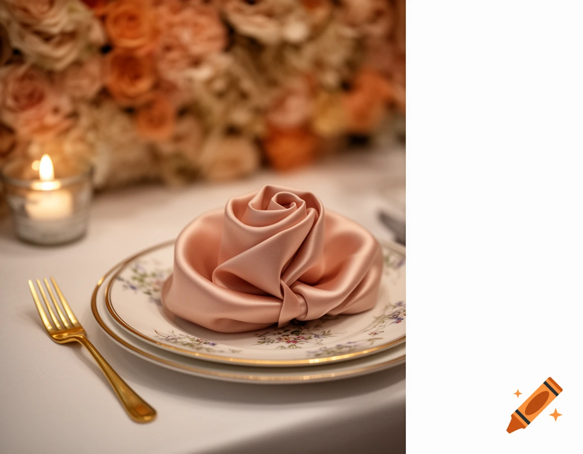 Elegant restaurant table setting with a blush satin napkin folded as a rose on a porcelain plate, a gold fork, and a lit candle.