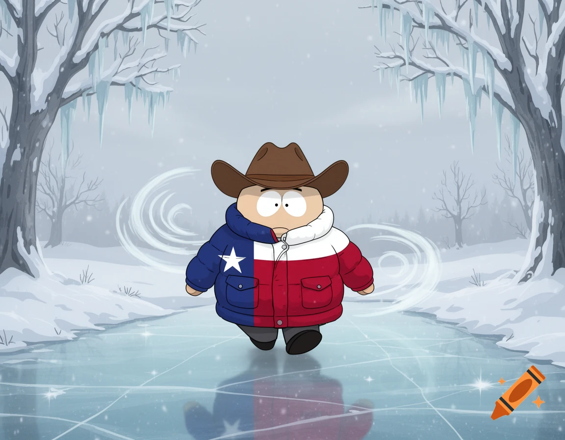 A South Park-style Texas countryball in a cowboy hat and flag jacket walks on ice in a snowy landscape.