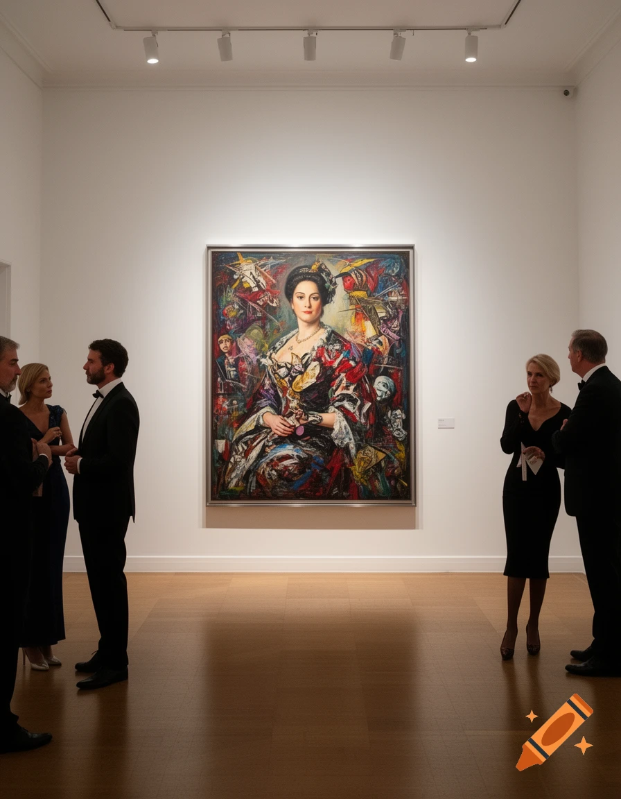 Attendees in an art gallery viewing a large, colorful, abstract painting of a woman in an ornate dress.