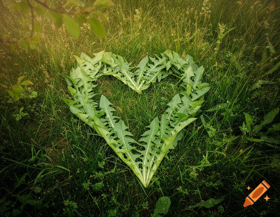 A heart shape made from green dandelion leaves resting on vibrant green grass, with soft sunlight.