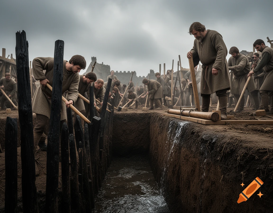 Photorealistic image of medieval workers digging a deep, water-filled trench and hammering stakes while a foreman measures.