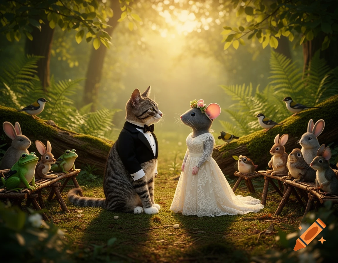 A tabby cat in a tuxedo and a mouse in a wedding dress look at each other in a sunlit forest, surrounded by small animals.