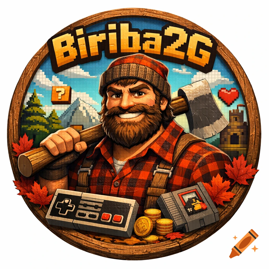 Circular logo featuring a cartoon lumberjack with an axe, pixel art forest, NES controller, coins, and the text 'Biriba2G'.