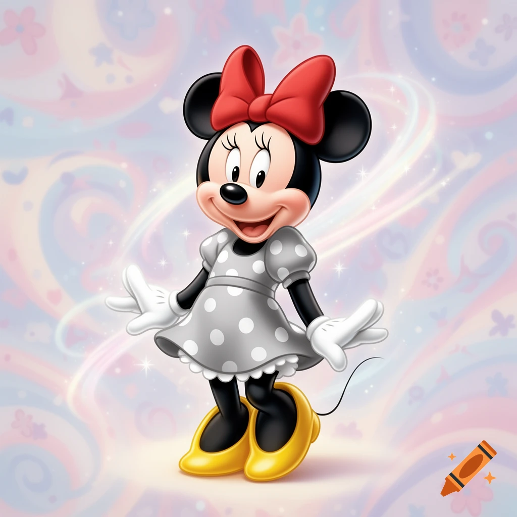 Minnie Mouse smiling in a gray polka-dot dress and yellow shoes against a pastel, swirling background with sparkles.