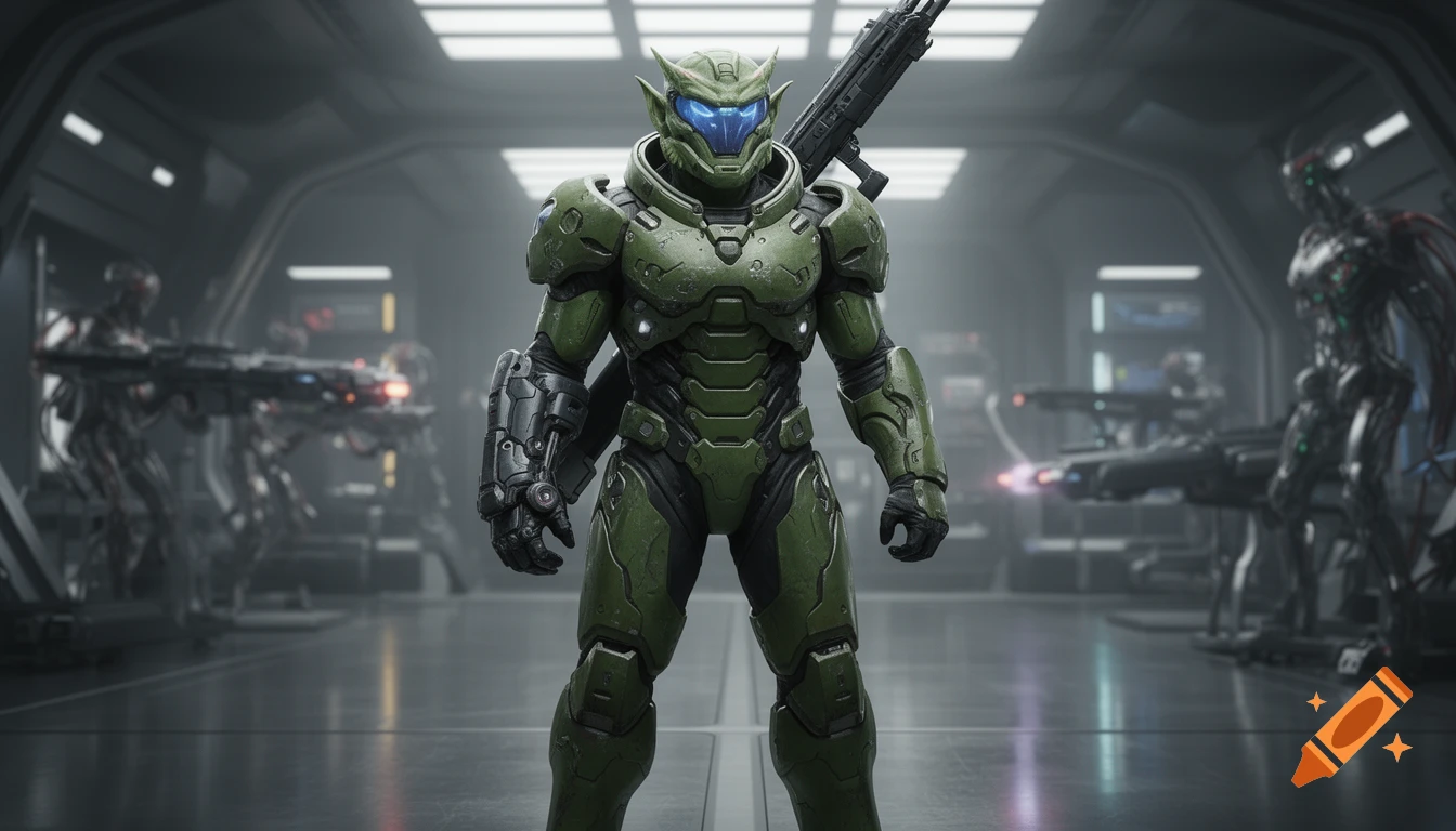 A green armored goblin-like character with glowing blue eyes stands in a futuristic sci-fi corridor, a rifle on their back.