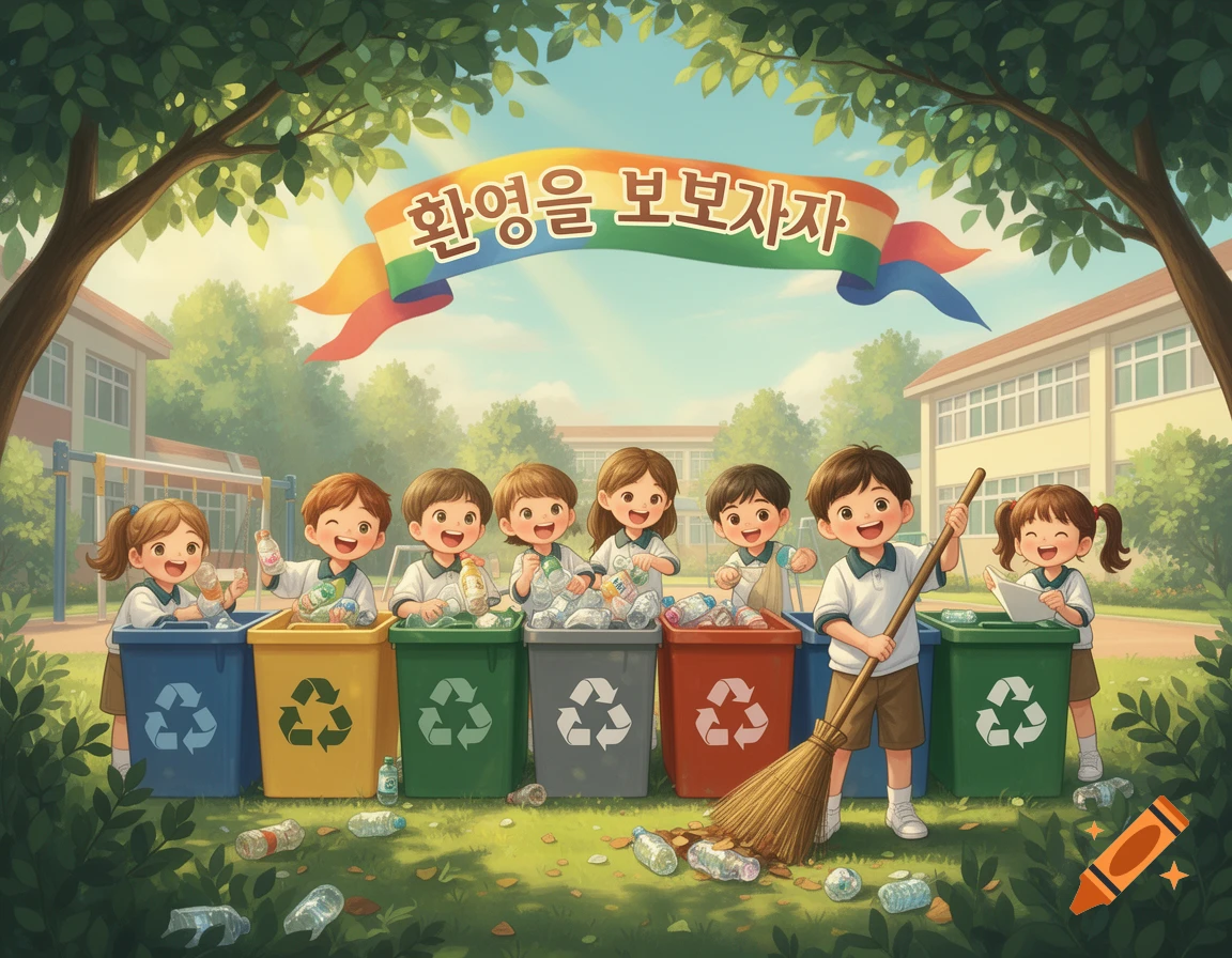 Cartoon illustration of smiling children recycling trash into colorful bins with a banner overhead saying 'Let's protect the environment'.