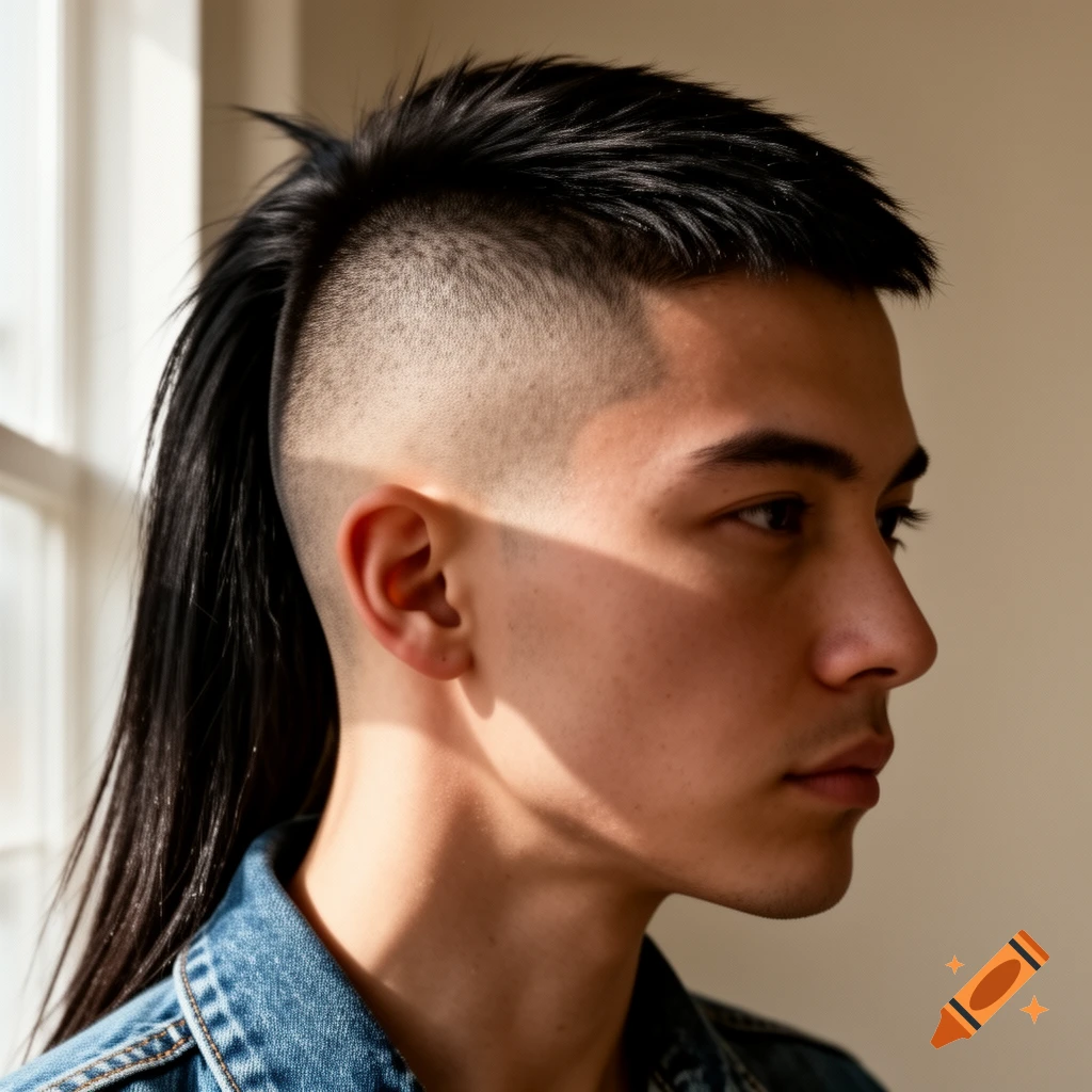 Profile of a young person with a dark mullet and faded buzz cut, wearing a denim jacket, looking right.