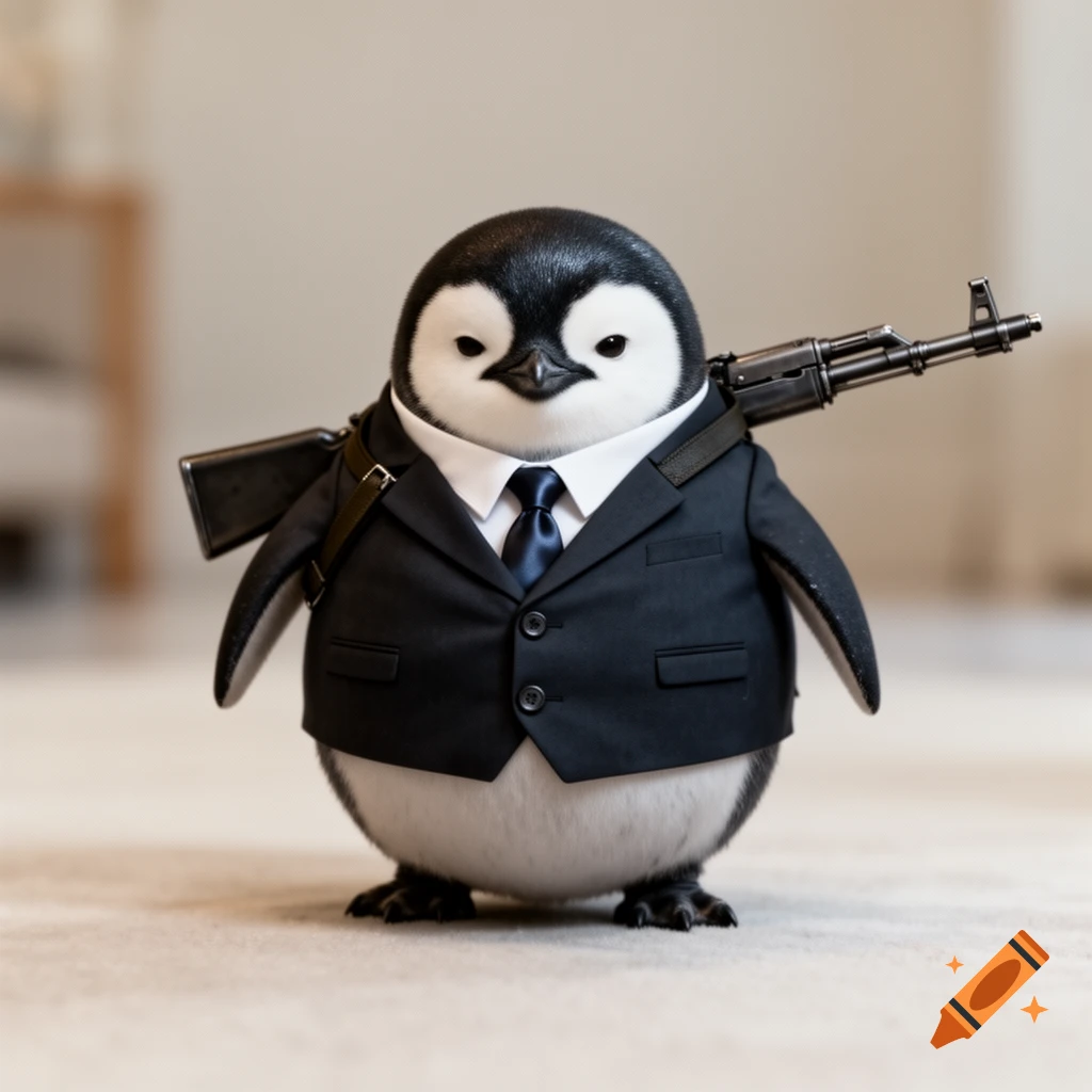 A photorealistic baby penguin in a black suit and blue tie stands with an AK-47 rifle strapped across its back.