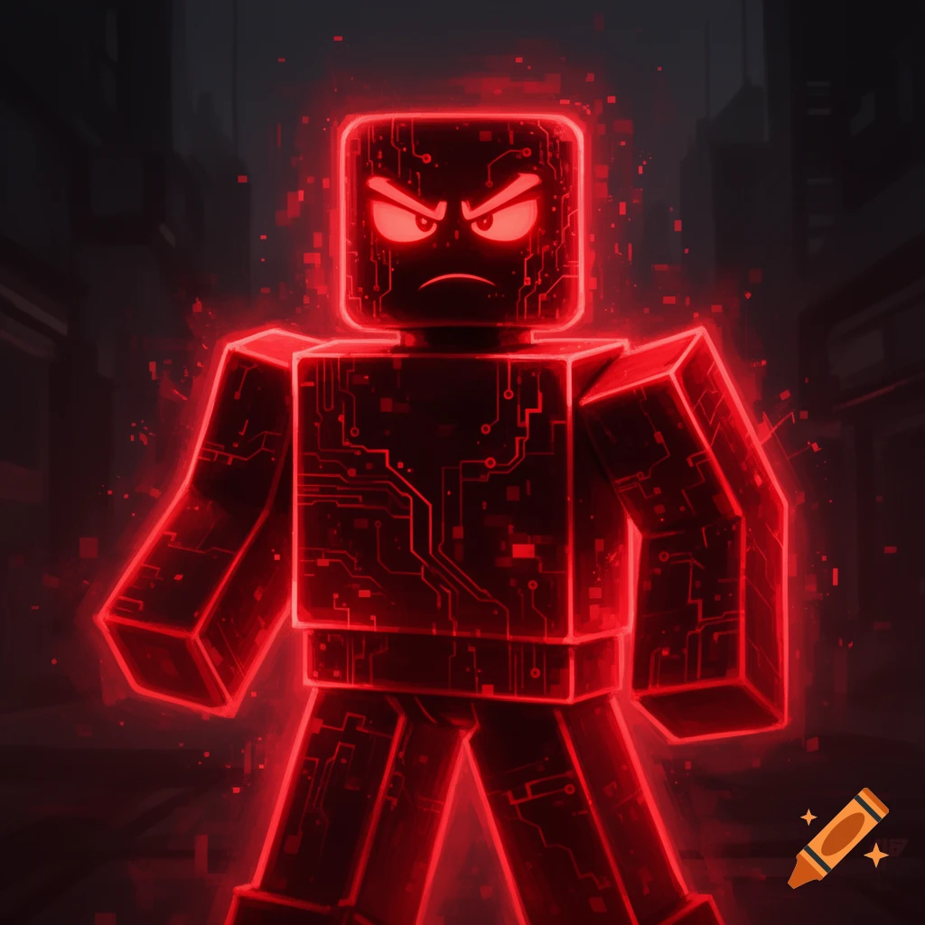 A red glowing, blocky digital avatar with circuit patterns and an angry face stands in a dark, blurred city background.