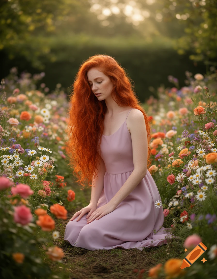 A woman with long red hair wearing a lilac dress kneels in a vibrant ...