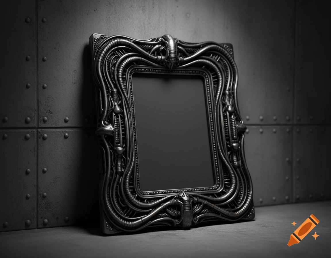 A dark, ornate picture frame with a biomechanical H.R. Giger-style design leans against a riveted metal wall.