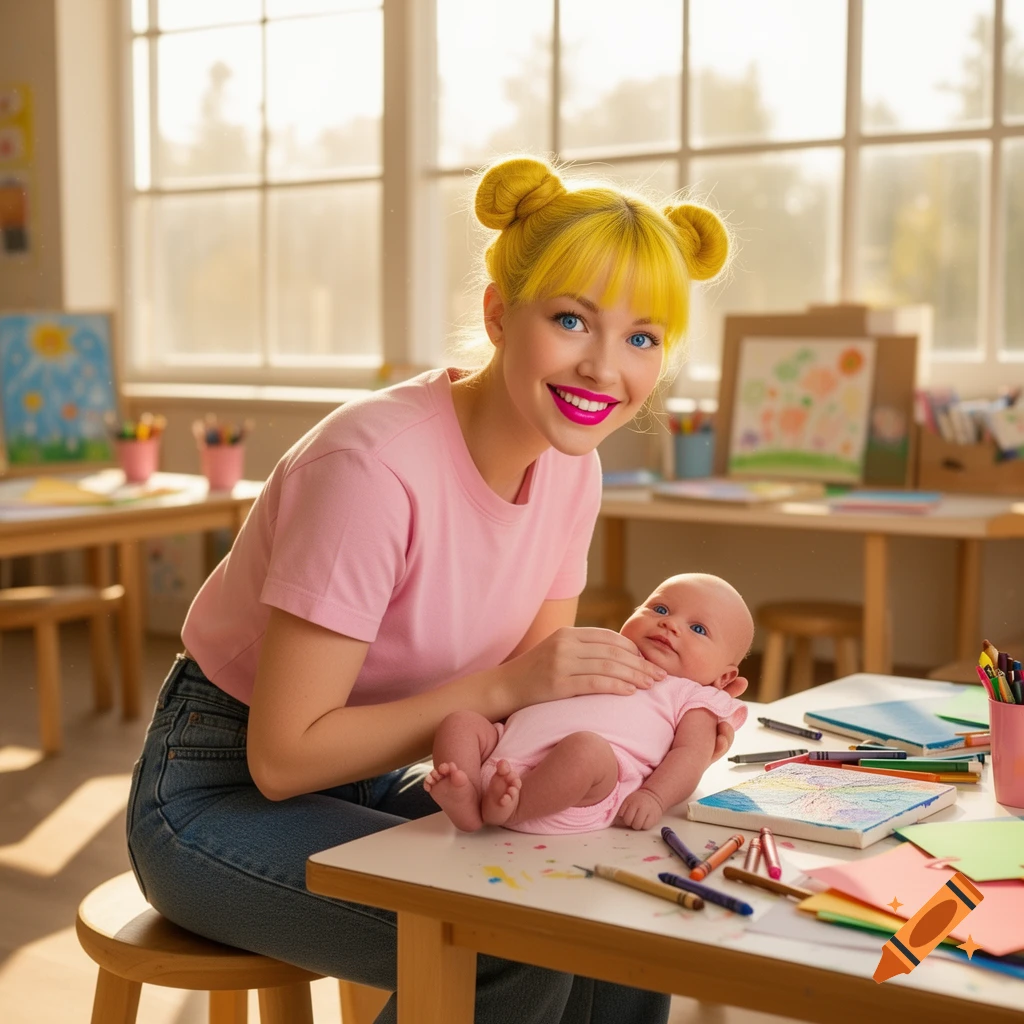 A young woman with yellow bun hair, blue eyes, and pink lips holds a baby in a pink onesie in a sunny art classroom filled with art supplies.