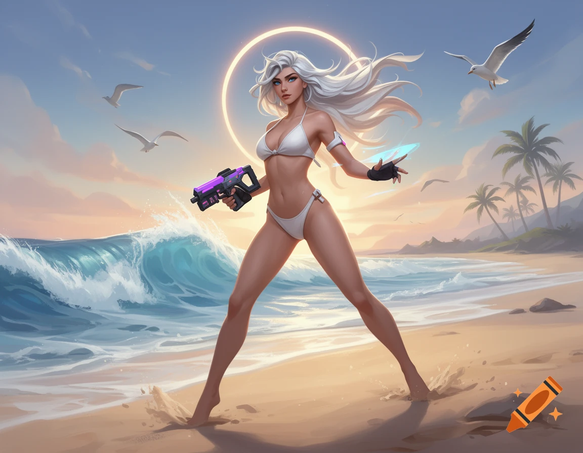 A white-haired woman in a white bikini with a sci-fi gun stands on a beach at sunset, with waves and palm trees.