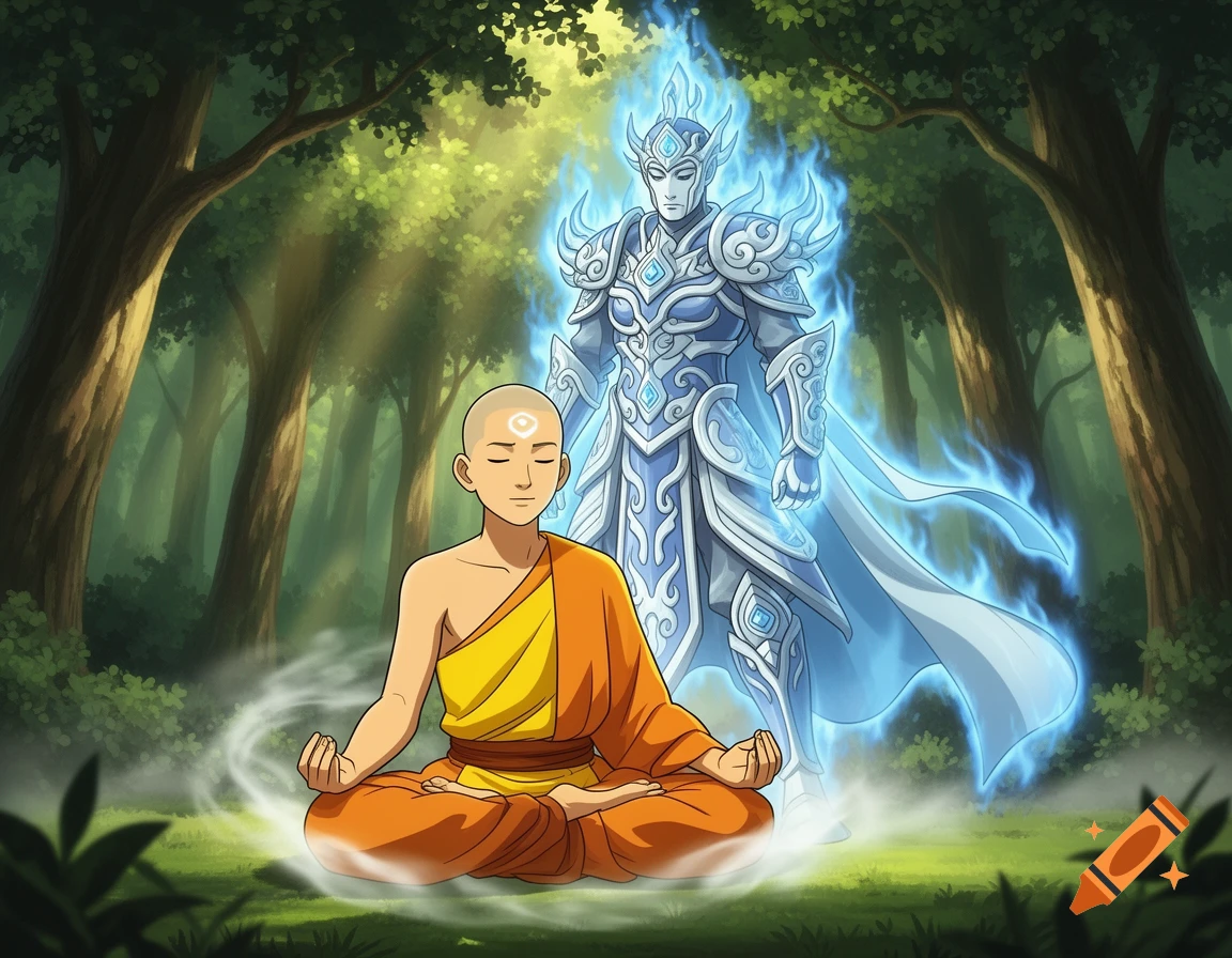 A young bald monk meditates in a forest as a glowing blue armored astral figure stands behind him in an anime style.