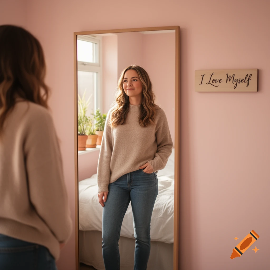 A young woman in a beige sweater and jeans smiles at her reflection in a full-length mirror, with a sign saying 'I Love Myself' on the pink wall.