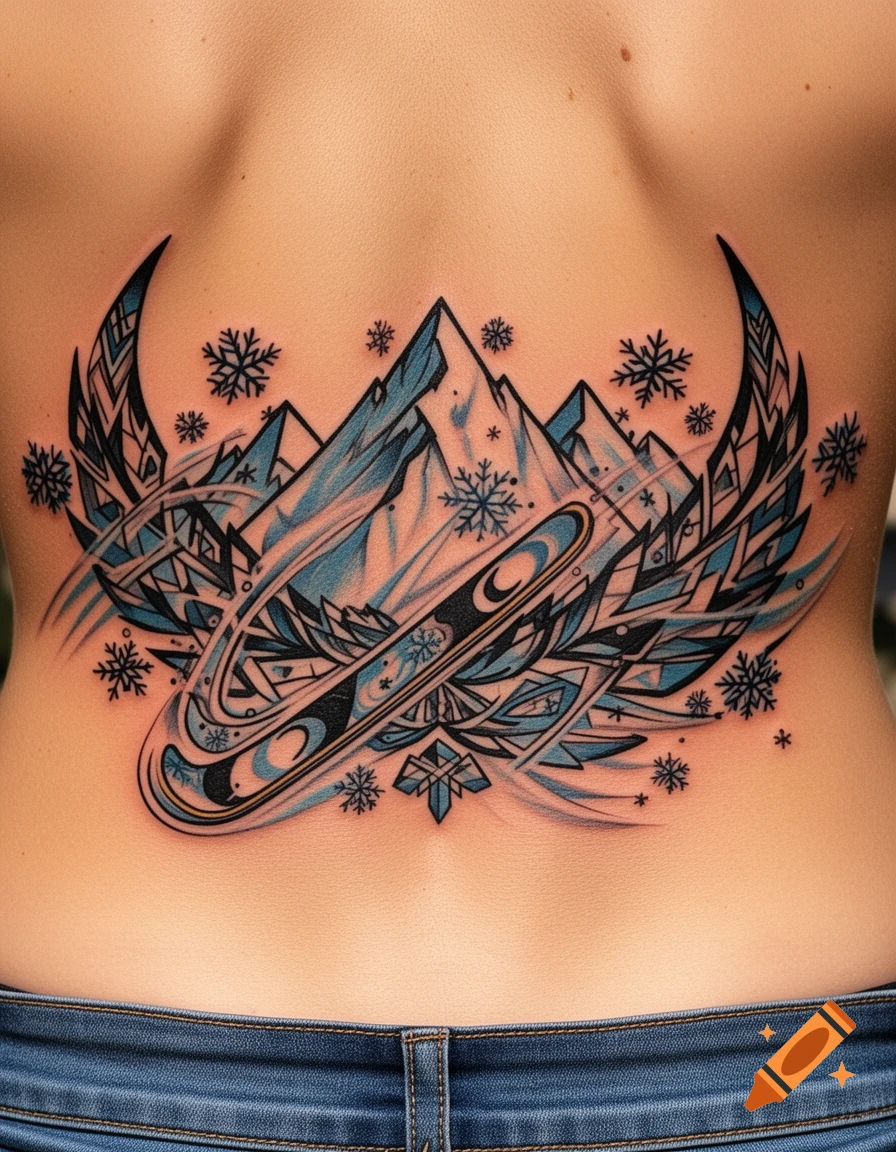 A stylized blue and black tattoo on a person's lower back, depicting mountains, a snowboard, and snowflakes, partially covered by jeans.