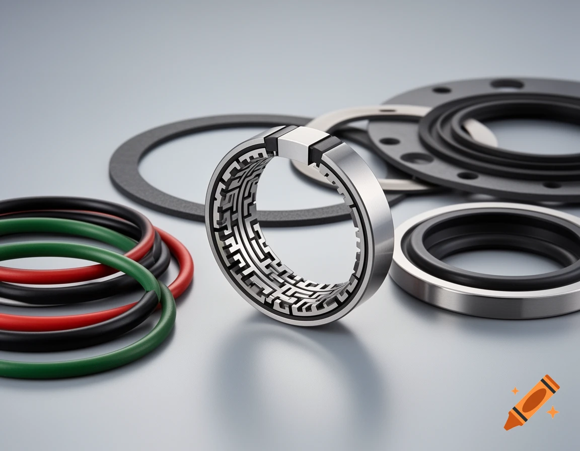 Photorealistic depiction of various industrial sealing systems including O-rings and a complex labyrinth seal on a grey surface.