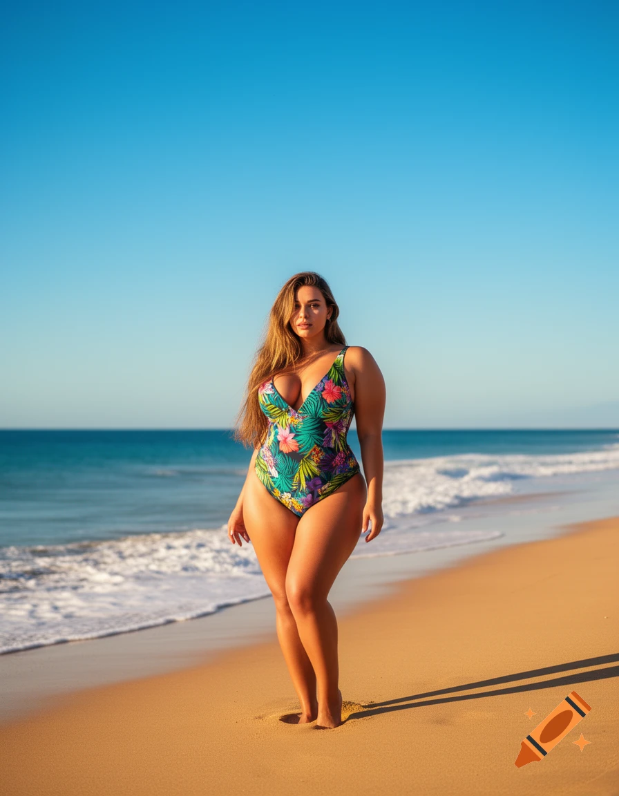 A voluptuous woman in a floral swimsuit stands on a sandy beach by the ocean under a clear blue sky.