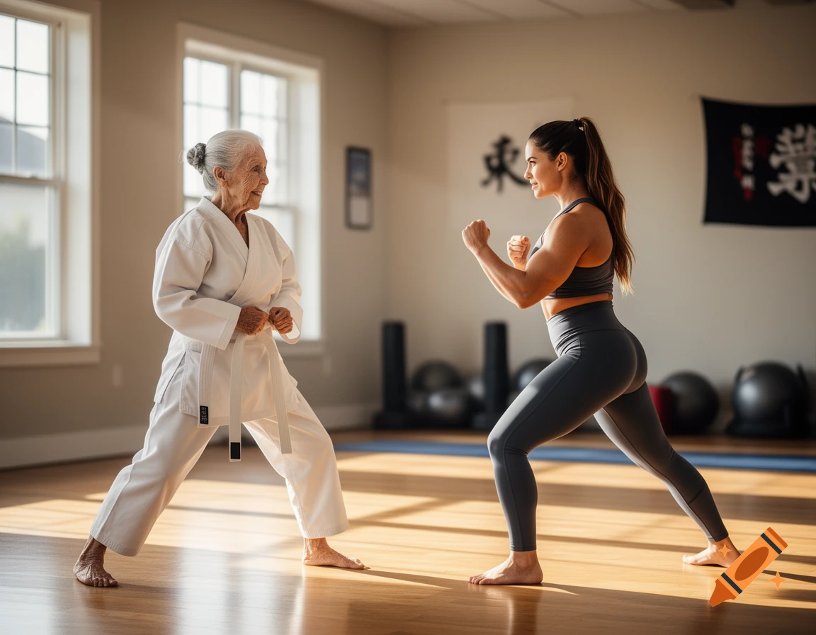 An older woman in a white karate gi stands opposite a muscular younger woman in grey athletic wear, both in fighting stances in a sunny dojo.