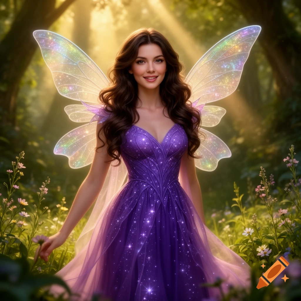 A beautiful female fairy with long dark brown hair and iridescent wings, wearing a shimmering purple dress, stands in a sunlit magical forest.